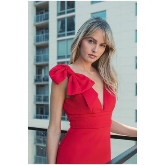 MAC DUGGAL Bow Shoulder V-Neck Gown in Red Size US 10 NWT - Picture 2 of 11